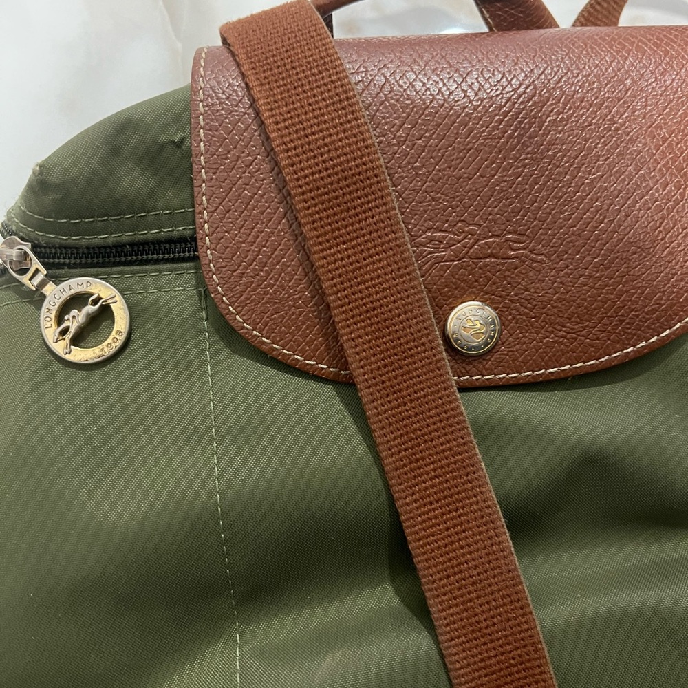 Longchamp Olive Green Nylon Backpack with Brown Leather Flap - Picture 2 of 8